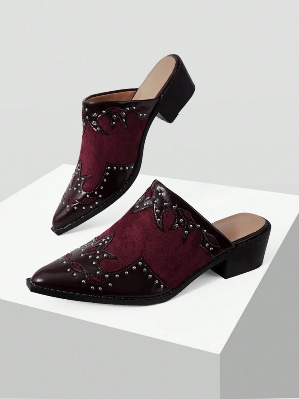Burgundy Casual Women's Textured Patchwork Mule Chunky Heel Slip-On Shoes - Picture 9 of 9